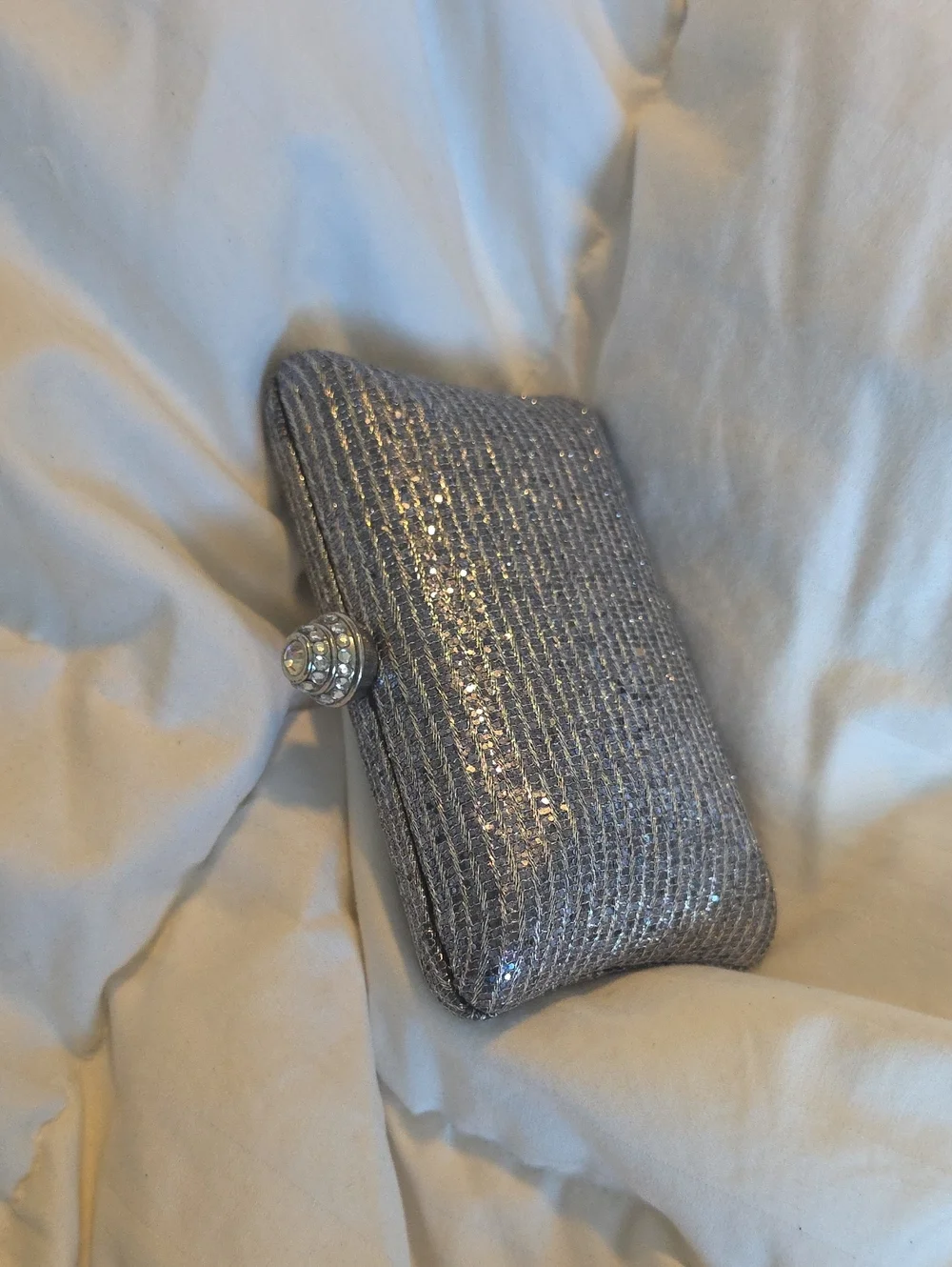Silver Glitter Clutch with Rhinestone Closure